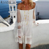 Summer Sundress ZANZEA 2022 Bohemian Lace Dress Casual Knee Length Vestidos Female Flare Sleeve Off Shoulder Ruffle