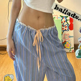 Woherb Wind Dopamine Contracted Stripe Casual Pants Female Low Waist Lace Splicing Straight Tube-Outfit
