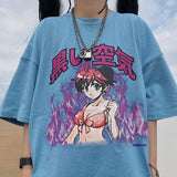 Blue T-Shirt Women Oversized Cartoon T Shirts Streetwear Summer Half Sleeve Casual Cute Tops High Street Tshirt