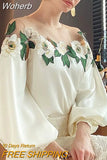 Splicing Embroidery Satin Shirt Women Long Sleeve High Quality Elegant Blouse Women Casual Tops Loose Blouses Fashion 24976-Outfit