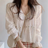 White Blouse Spring Hollow V-neck Blouse Women Fashion Flower Loose Ladies Shirt Korean Sweet Long Sleeve Blusas