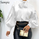 Women Fashion Female Casual Office Turtleneck Satin Blouse Shirt Red Vintage Long Sleeve Blouse Tops