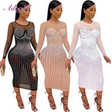 Sheer Mesh Diamonds Patchwork Long Sleeve Long Dress Sexy See Through Party Club Dresses Women Plus Size Outfit