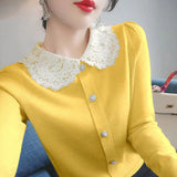 Winter Lace Patchwork Doll Collar Sweet Knitting Cardigan Lady Elegant Fashion All-match Buttons Sweater Top Women Coat-Outfit