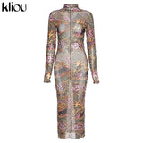 Mesh Farbic Leopard Pattern Print Maxi Dresses For Women Sexy See Through Ruffle Skinny Attractive Clubwear Party
