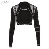 Sexy T Shirt Women O-Neck Long Sleeve Mesh Patchwork Casual Slim Crop Tops Letter Printing Shirt Skinny Short