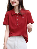 Vintage Red Elegant POLO T-Shirt 2025 Summer New Commuting Shoulder Slim