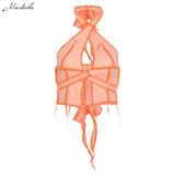Sexy Orange Patchwor Slim Tank Top Women Fashion Halter Sleeveless Lace Up Clothing Lady Backless knit Crop Top 2021