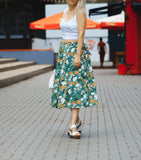 Floral Print High Waist Green Skirt Women Vintage Casual Midi Long A-line Skirt For Spring Summer QT1559-Outfit
