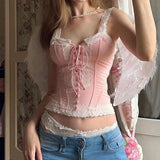 Woherb And Hot Girl Wind Pink Lace Stitching Sling V Tie Slim Heavy Industry Design Vest-Outfit