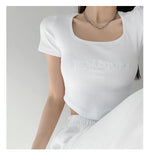 Woherb Letter Embroidered Slim Bottom Shirt Square Collar Low Breast Collarbone Short-Sleeve T-Shirt Midcrop High Waist