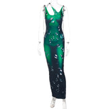 Drip Print Asymmetrical Neck See Through Sleeveless Skinny Maxi Dress 2021 Fall Bodycon Evening Party Elegant Y2K