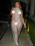 Mesh Stacked Maxi Dress See Through Sexy Women New Fashion Sleeveless Backless Spaghetti Strap Female Clubwear Skirts 928-1-Outfit
