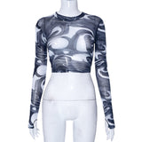 Spring New Round Collar Cover Print Open-Umbil Umbilical Cover Finger Long-Sleeved Casual Women's Top