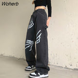 Pants Vintage High Waisted Y2k Jeans Women Female Black Denim Printed Trousers Baggy Casual Wide Leg Pants Street Style-Outfit