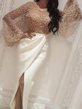 Women Elegant Formal Gown Maxi Dress Female Stylish Long Party Dress Beaded Embellished Mesh Patchwork Slit