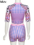 Kliou Aesthetic Polka Dots Print Two Piece Set Women Casual O-neck Half Sleeve Slim Fit Tops+Fashion Streetwear Hipster