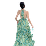 French Vacation Halo Dye Green Neck Hanging Belt Cake Dress Summer New Sanya Seaside Vacation Dress-Outfit