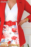 Women 2pcs Clothes Suit with Belt Long Sleeve Blazer & Floral Print Shorts Set-Outfit