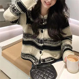 Woherb New Small Casual Female Cardigan Jacket Korean Version Of Color Stripe Short Coat Female Autumn And Winter-Outfit