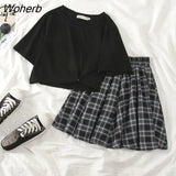 Women 2 Piece Sets Crop Tops Simple O-Neck Tees Harajuku High Waist A-Line Plaid Skirts Preppy Style Retro Loose Casual Newest-Outfit