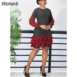 Autumn Fashion Splice Floral Ruffle Dress Women Office Ladies Casual Round Neck Long Sleeve Ruffle Dress Women-Outfit