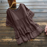 Lace Stitching Blouse 2022 ZANZEA Embroidery Shirts Short Sleeve Solid Blusas Female Layers Summerb