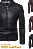 Men's Fashion Stand Collar Jacket Men Autumn Winter Pu Jacket New Leather Coat Slim Long Sleeve Solid Color-Outfit