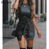 Women Plain PU Leather Tied Detailed Beaded Bodycon Dress 2022 Femme Sexy Round Neck Mini Robe Lady y2k Clothing Vestidos-Outfit