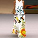 Flower Printed Long Summer Pocket Sexy V-neck Sleeveless Dresses for Women Party Bohemian Ankle-Length Vintage