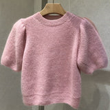 Solid Jumpers Pullovers White Puff Sleeve Knitted Sweater Women Pull Wild Short Sleeve Knitwear Top Pink Blue
