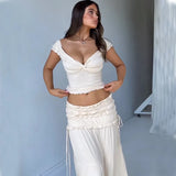 Woherb Desire V-Neck French Show Slim Vest Top Pleated Wood Ear Sexy Skirt Cover-Outfit