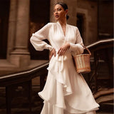 Woherb European Code Spring Summer New Women's Deep V Sexy Pure Color Long Temperament Dress Dress-Outfit