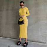2021 Women Fall Winter Fashion Bodycon Stripe O Neck Pure Color Long Sleeves Maxi Dress Female Sexy Outfits