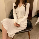 Winter Elegant Fashion V-neck Sweater Bodycon Dress Ladies Solid Simple Casual Slim Knitting Dresses Midi Robe Vestidos-Outfit