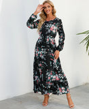 Autumn New Bohemian Floral Print Long Sleeve Waist Dress Women O Neck Loose Casual Beach Vestidos Holiday Robe Dresses-Outfit
