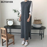 Casual Women Sleeveless Knitted Dress 2020 Spring O-neck Side Split Female Sweater Long Dress Waistcoat Vestidos femme-Outfit