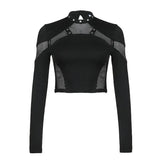 Grid Splicing Long-Sleeved T-Shirt Girl 2025 Hottie Street Sex Hollow INS New Top