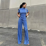 Woherb 2023 Summer New Thin T-Shirt High Waist Blue Pleated Floor Pants Casual Women's Fashion Suit-Outfit