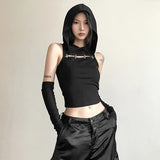 Woherb Summer Sexy Hot Girl Personality Street Niche Pure Color Slim Show Thin Crop Fashion Hooded Vest-Outfit