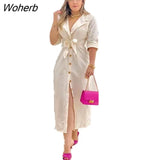 Shirt Dress Women Fashion Commuter Solid Long-sleeved Lace-up Button Shirt Maxi Dress for Women-Outfit