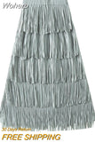 Women Tassel Splicing Pleated Skirt Elegant Elastic Waist All Match A-line Long Skirt For Spring Summer QT2140-Outfit