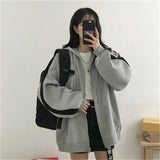 Women Korean Version Loose Hoodies Long Sleeve Zip Up Solid Pocket Oversized Sweatshirts Female Thin Harajuku Hooded Coat