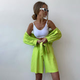 Woherb New Solid Color Single Breasted Long Sleeve Lapel Shirt Shorts Loose Fashion Casual Suit-Outfit