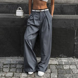 Woherb Temperament Versatile Lace Lace Loose Suit Trousers Female Low Waist Pleated Straight Tube Casual Pants-Outfit