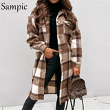 2021 Khaki Autumn Loose Plaid Single Breasted Long Coat Jacket Women Pocket Casual Long Sleeve Winter Jacket Coat