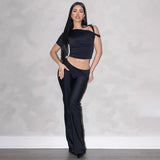 2 Piece Set Women Sexy One Shoulder Party Club Short Sleeve Crop Top And Pants Sets Elegant Streetwear Outfits Pants Se-Outfit