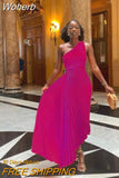 Women High Waist Hollow Out One Shoulder Cutout Pleated Dress Evening Party Ankle Length Long Dress Sleeveless Sexy Slim-Outfit
