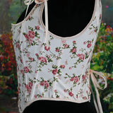 Pink Small Fresh French Retro Wrapped Chest Court Corset Before And After Strap U Tie Small Rose Print