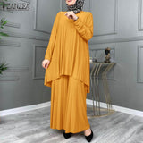 Women Muslim Sets Islamic Clothing Plain Suits Morocco Turkish Pleated Full Sleeve Tops Wide Legs Long Pants